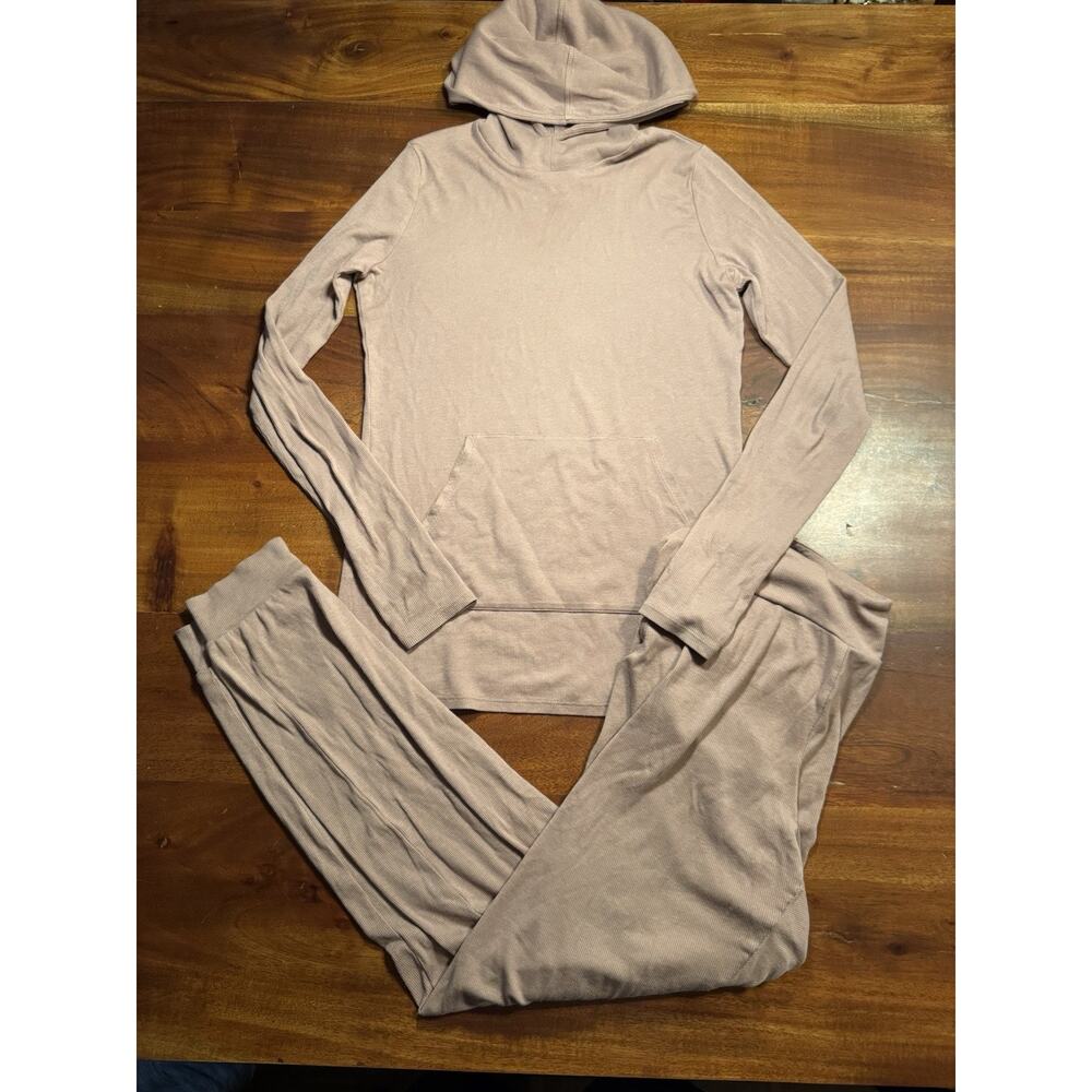 Commando Women’s Lt Brown 2pc Ribbed Hoodie Pants Lounge Set Outfit Sz Medium